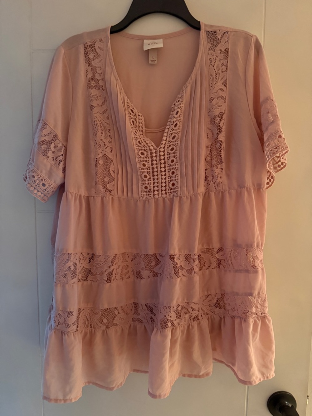 Boho Lace-Panel Tunic Blouse - Light Pink
